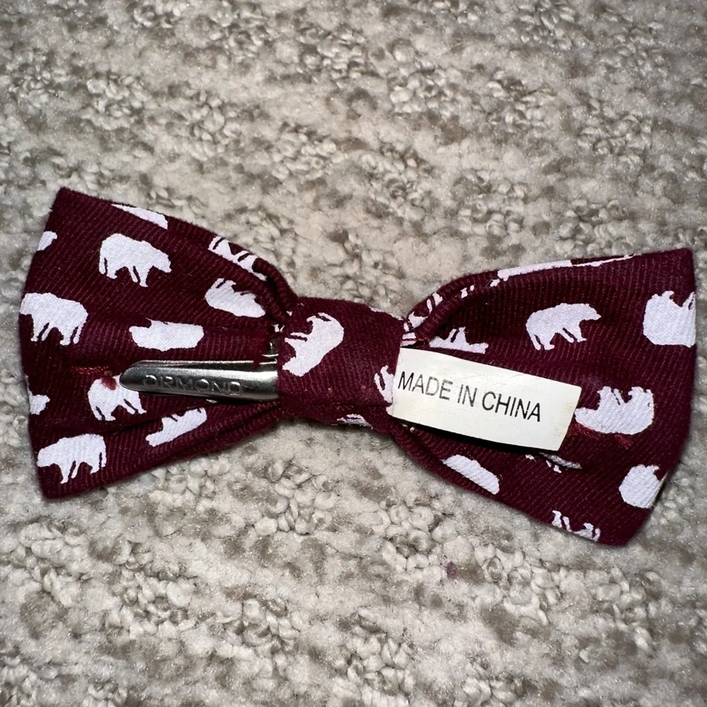 Kids Burgundy Bow Tie with White Bear Print